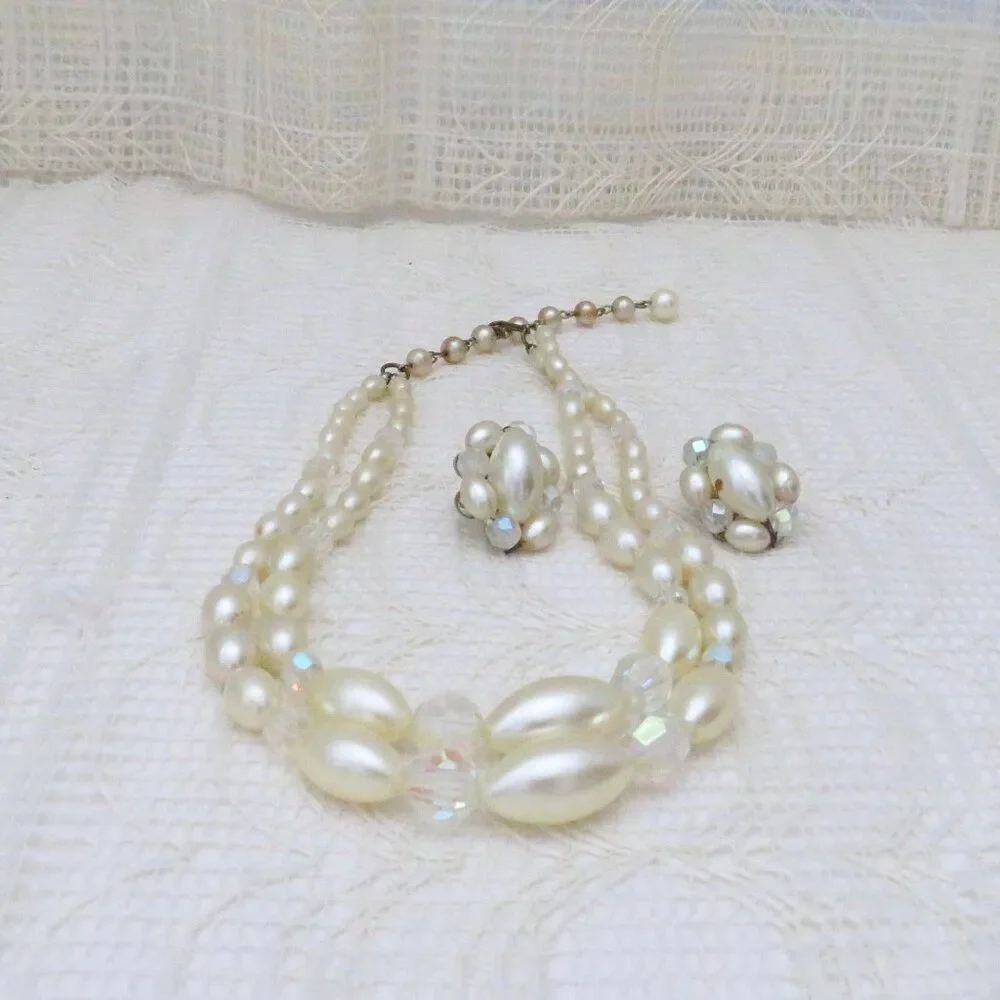 Vintage Necklace and Earring Set Women Faux Pearl and Crystal Glamorous Evening